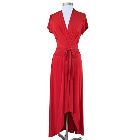 Boston Proper Red Jersey Faux Wrap High Low Midi Maxi Dress Size 12 - Picture 2 of 9